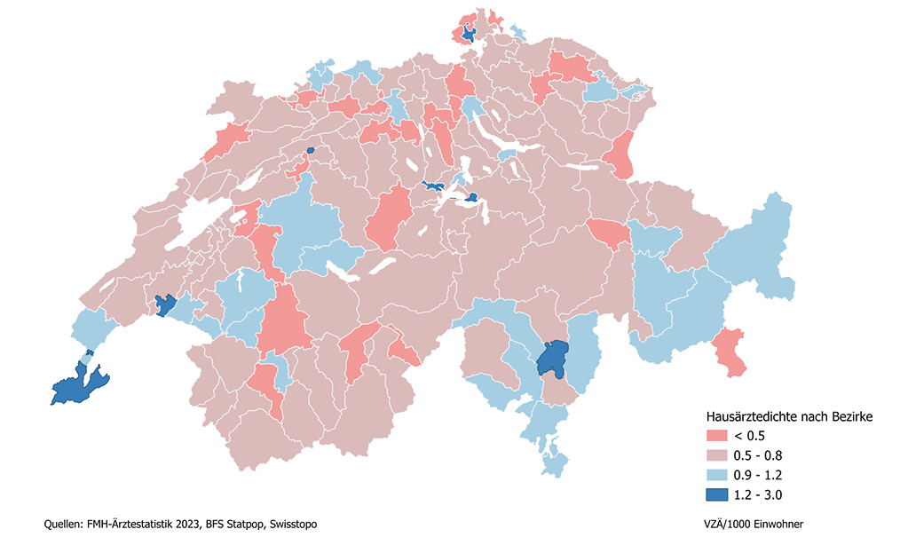 Grundversorgerdichte (Vollzeitäquivalent VZÄ pro 1000 Einwohner) nach Bezirke, 2023