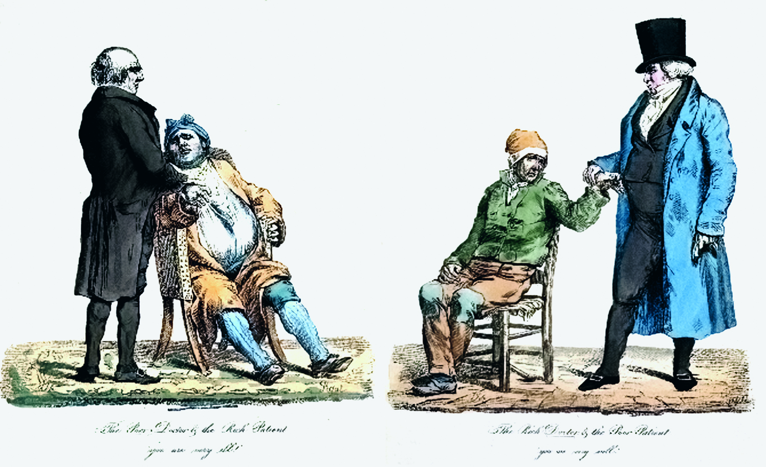 Der arme und der reiche Doktor, 1840. Kolorierte Punktierätzung nach Edmé Jean Pigal. Bild: Wellcome Collection – Public Domain. https://wellcomecollection.org/works/r4dhhyt2