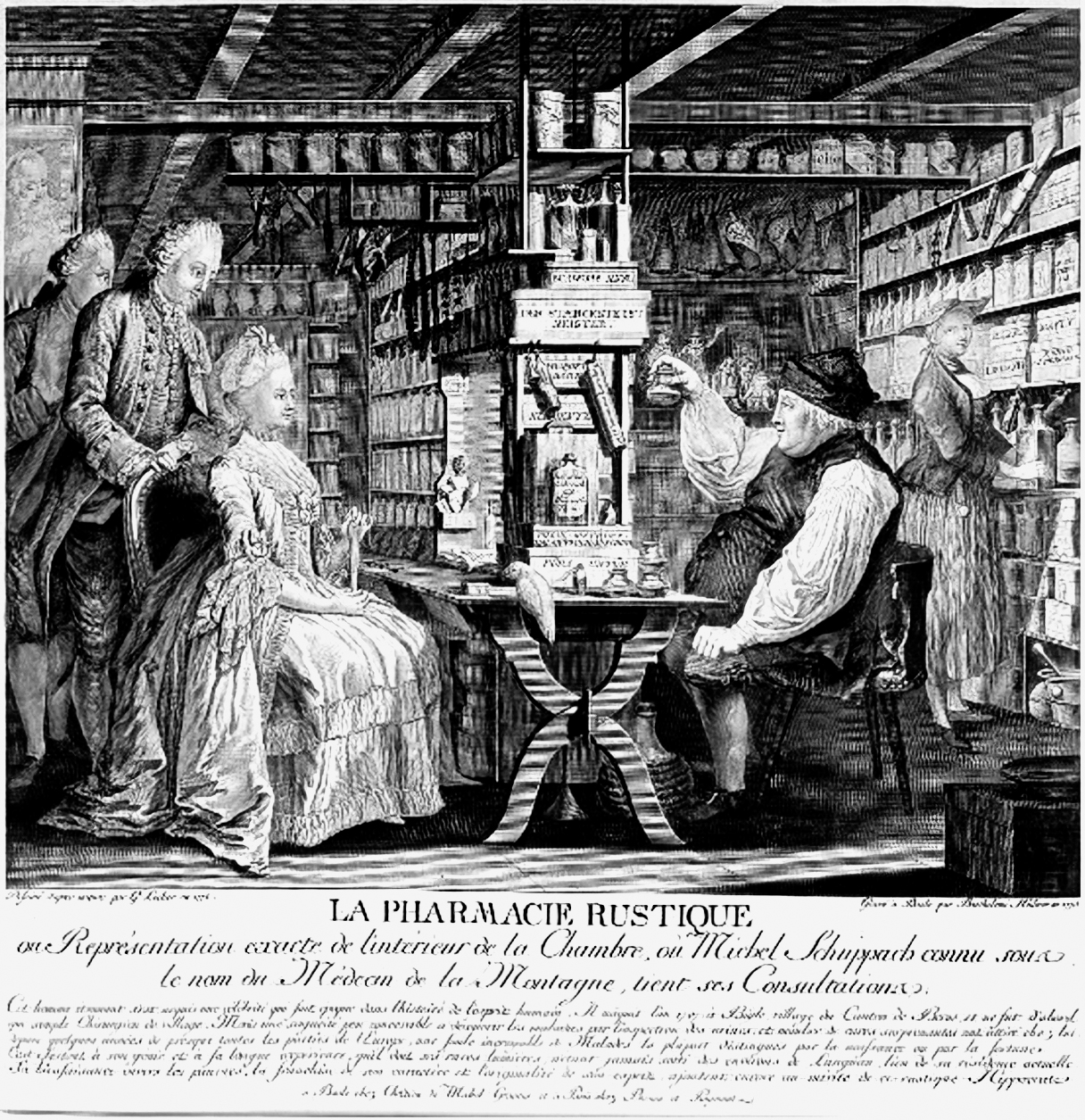 Michael Schüppach untersucht den Urin einer reichen Patientin. Strichgravur nach Gottfried Locher, 1774. Bild: Wellcome Collection – Public Domain. https://wellcomecollection.org/works/asxh8chk