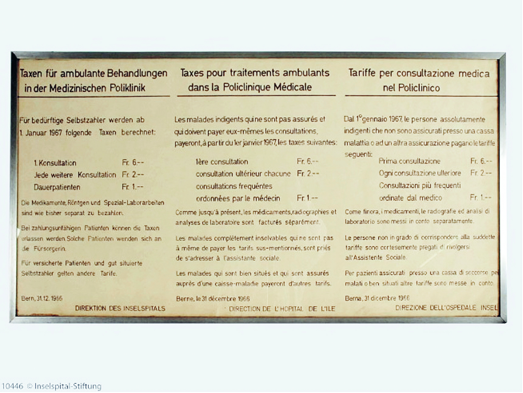 Taxes pour les traitements ambulatoires à l’Hôpital de l’Île, 1967 Photo : Medizinsammlung Bern. https ://www.kimnet.ch/objects/7a6f350a-787b-4fa6-adb3-697bb344f58b