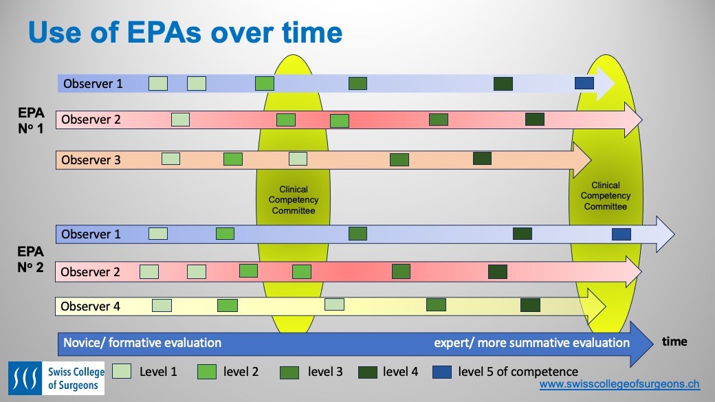 Abb. 4: Schematische Darstellung eines EPAs Mappings, mittels longitudinaler Visualisierung der Lernfortschritte und geplanter Standortgespräche durch das Weiterbildungsgremium (Clinical Competency Committee)